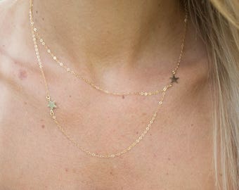 Gold/Silver Two Star Double Layer Necklace, Multi Strand Necklace, Layering Necklace, Minimalist Jewelry Gift for Her, Star Necklace