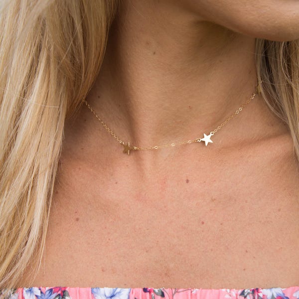 Kleine Ster Choker Ketting, Gouden of Zilveren Ster Ketting, Zilver / Gouden Choker, Eenvoudige Delicate Choker Ketting, Verstelbare Choker, Kerstmis