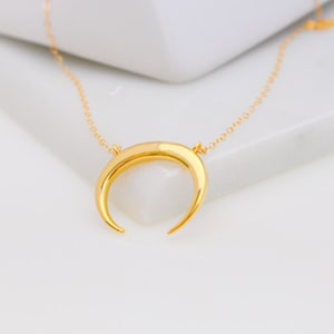 Large Double Horn Necklace, Horn Necklace, Moon Necklace, Upside Down Moon Necklace, Half Moon Necklace, Crescent Moon Necklace, Naja
