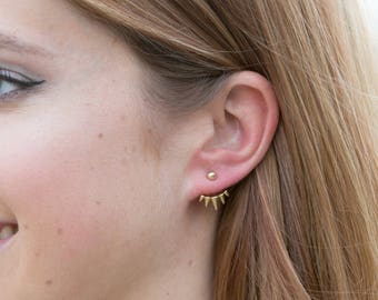 Spike Ear Jackets Earrings, Gold or Silver Tiny Stud Earrings, Ball Post Earrings, Dainty Tiny Triangle Earrings, Minimalist Earrings