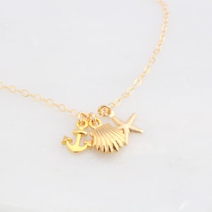 Shell, Starfish and Anchor Necklace, Gold Starfish Necklace, Boho beach Necklace, Beach Ocean Lover Gift, Nautical Sea Life Necklace