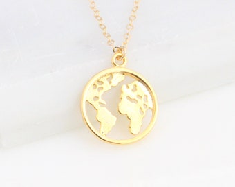 Gold World Map Necklace, Earth Globe Outline Layering Necklace, Minimalist Jewelry Gift for Her, Coin Disc Necklace, Travel Necklace