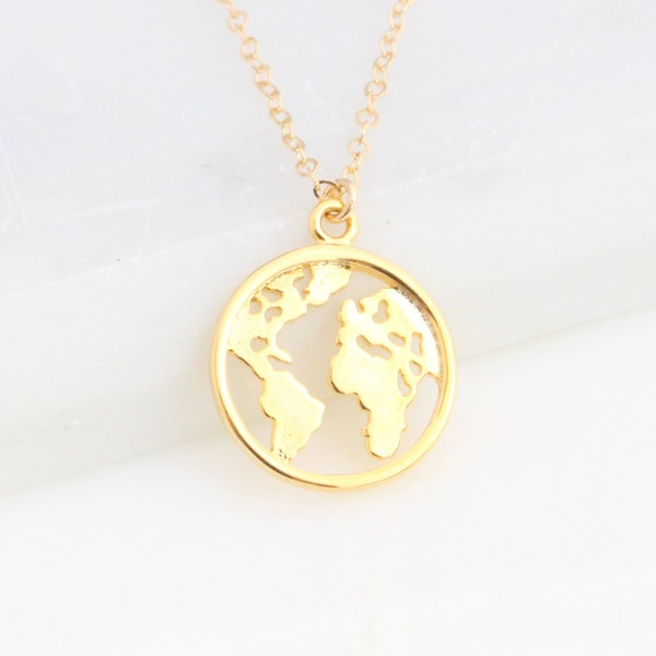 Gold World Map Necklace, Earth Globe Outline Layering Necklace, Minimalist Jewelry Gift for Her, Coin Disc Necklace, Travel Necklace