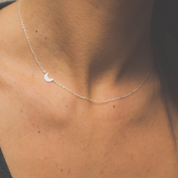 Sterling Silver Small Moon Necklace, Sideways Crescent  Moon Necklace, Tiny Moon, Everyday Casual Necklace, Layering Necklace, Choker