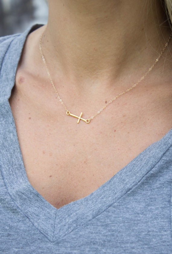 Gold Vermeil Sideways Cross Necklace Celebrity Jewelry Cross