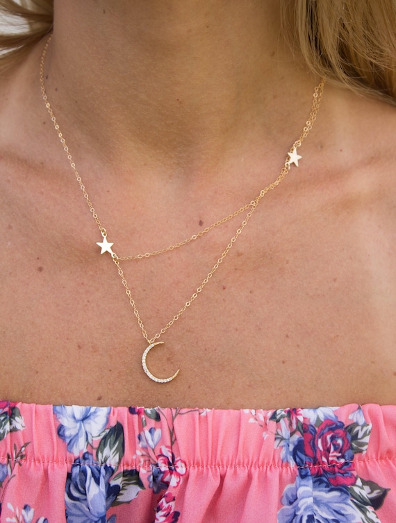 Moon & Star Charm Layered Necklace(8812)