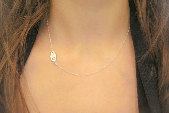 Sterling Silver Crystal Sideways off Center Hamsa Hand Necklace