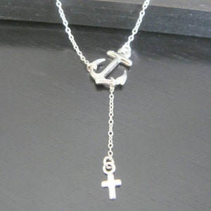 Sterling Silver Simple Sideways Cross and Anchor Necklace, Bridesmaids Gift, Celebrity Inspired Jewelry, Cross Lariat Necklace