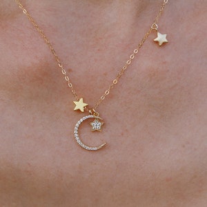 Gold/Silver Moon and Multi Star Necklace, Dainty Necklace, Layering Necklace, Minimalist Jewelry Gift for Her, Star Necklace, Crescent Moon