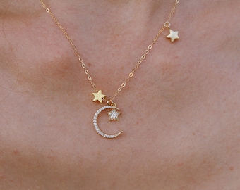 Gold/Silver Moon and Multi Star Necklace, Dainty Necklace, Layering Necklace, Minimalist Jewelry Gift for Her, Star Necklace, Crescent Moon