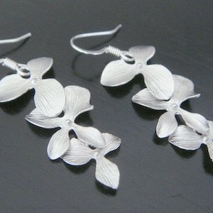 Cascading Matte Silver Orchid Earrings Dangle Chandelier Perfect for Weddings Bridal Bridesmaids Gift Birthday Christmas Prom Ocassion