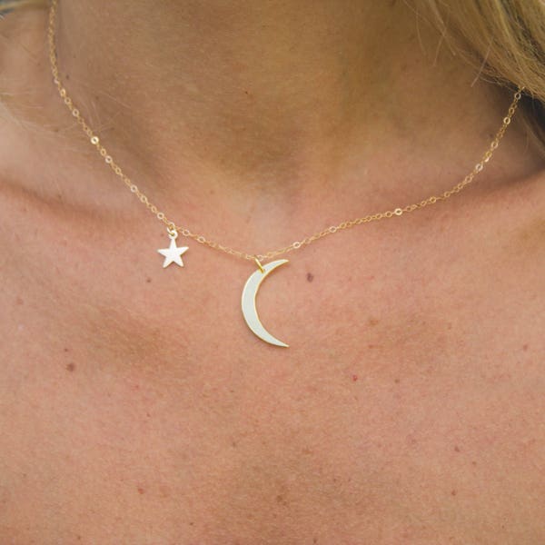 Moon and Star Necklace - Etsy