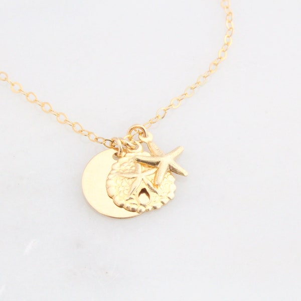 Sun, Starfish and Sand dollar Necklace, Gold/Silver Starfish Necklace, Boho beach Necklace, Beach Lover Gift, Nautical Sea Life Necklace