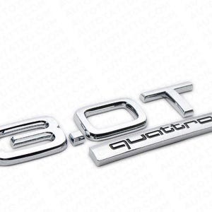 Peut inclure: Ensemble d'emblèmes de voiture chromés, avec les chiffres "3.0T" et le mot "quattro". Les lettres et les chiffres sont en gras, sans empattement, avec une finition métallique réfléchissante. L'emblème est conçu pour l'automobile.