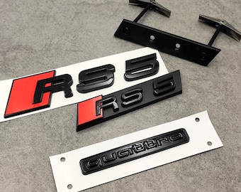 Juego de 3 emblemas RS5 en negro brillante: insignia trasera RS5, logotipo RS5 de la parrilla delantera y emblema trasero Quattro. Juego de emblemas negros Audi RS5.