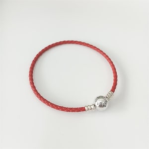 Pandora Sterling Silver red LEATHER Charm Bracelet