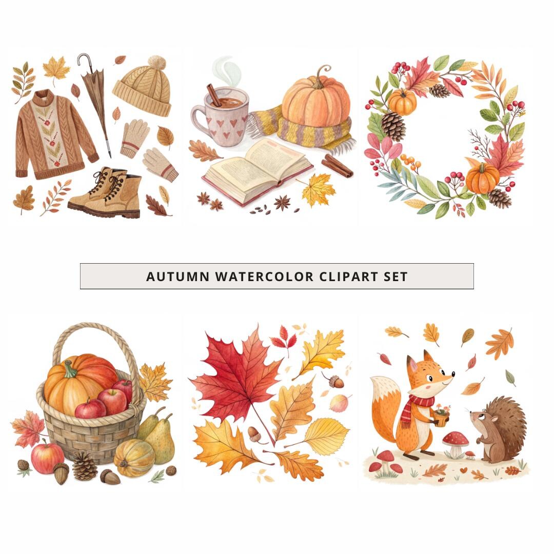 Autumn Watercolor Clipart Set – Fall PNG Illustrations – Cozy Autumn ...