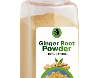 May include: A clear plastic container with a red lid filled with ginger root powder. The label reads "Ginger Root Powder 100% Natural" and shows a graphic of ginger root. The container holds 170 grams of powder.