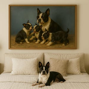 Boston Terrier Puppies Print: Blue-Grey Dog Portrait (Digital Download, 5 Sizes