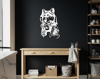 Wolf & Native Woman Metal Wall Art: Spiritual Tribal Decor