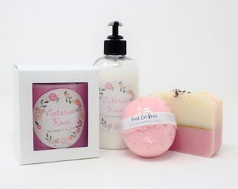 Rose Gift Set, Victorian Rose Soap, Rose Soy Candle, Rose Beeswax Lotion, Rose Bath Bomb, Valentine's Day Gift