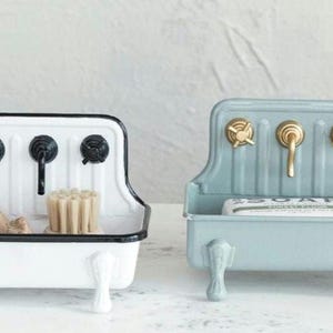 Jabonera de metal estilo granja, jabonera de esmalte de inspiración vintage, jabonera única, orificios de drenaje, ENVÍO GRATIS, blanca o azul.