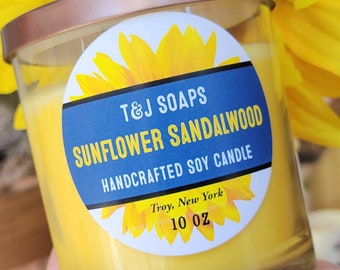 Sunflower Sandalwood Candle, Sunflower Candle, Hand Poured  Soy Candle, Soy Candle, Summer, Yellow Candle, 10 oz Candle, Sunflower Gift