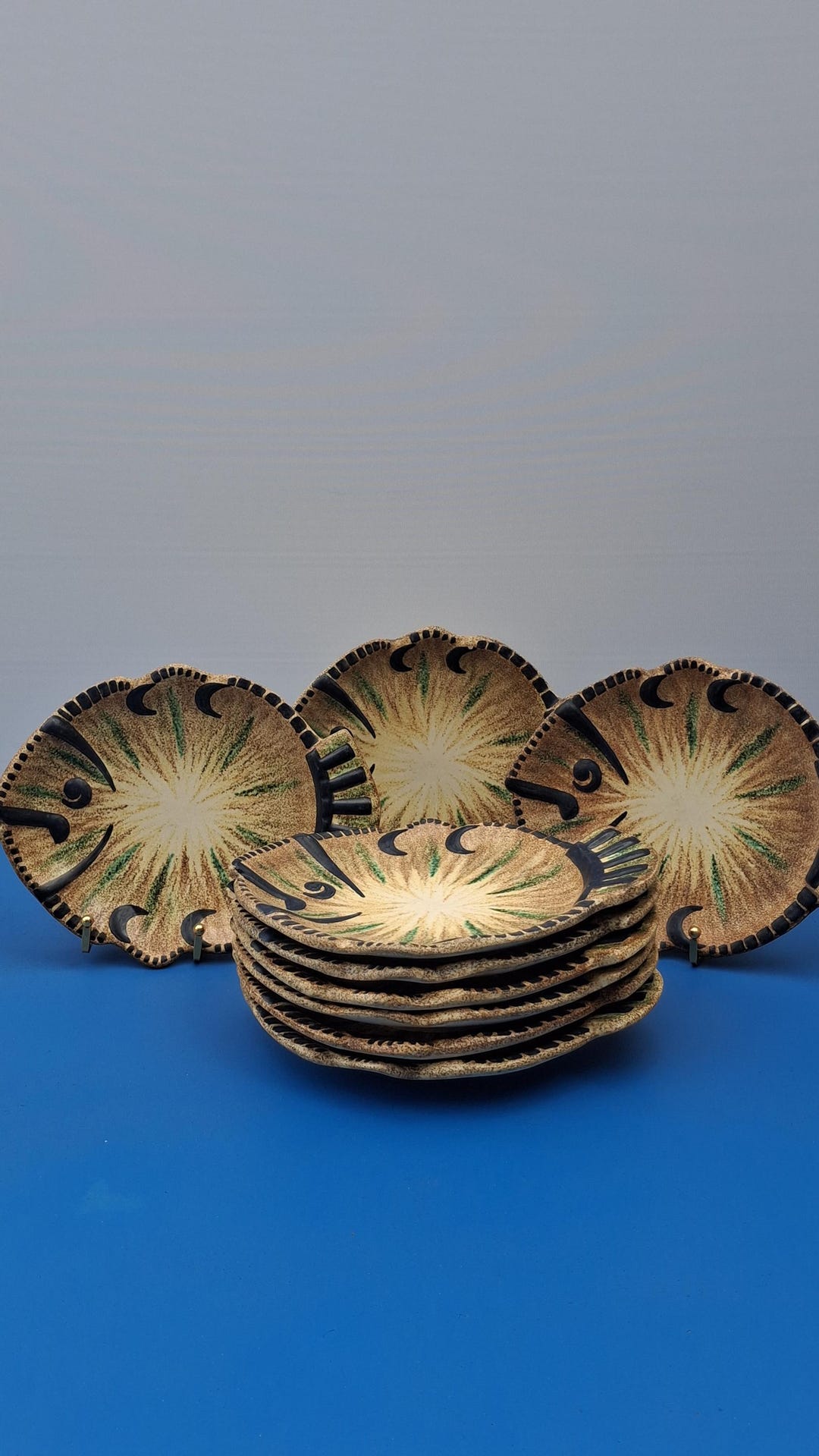 Set of 9 Paul Fouillen Quimper Polychrome Stoneware Plates in Fish