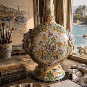 May include: A ceramic pilgrim flask featuring a round body with a narrow neck and a flared base. The surface is decorated with hand-painted floral motifs in shades of yellow, green, and purple, accented by intricate scrollwork and shell patterns.
