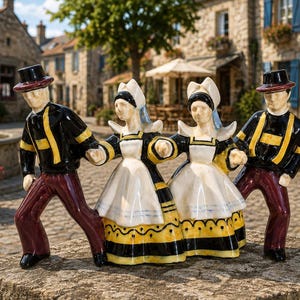 May include: A ceramic figurine set depicting four figures holding hands in a line. Two figures wear black jackets with yellow accents, dark red trousers, and black hats. Two figures wear white headpieces, white aprons, and yellow skirts with black trim.