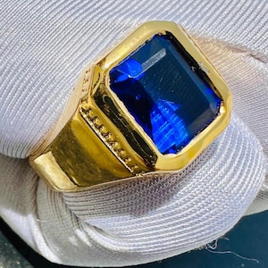 Blue Sapphire Gemstone Handmade Ring with 14K Solid Yellow Gold Engagement and Anniversary Ring , Statement Jewellery Gift for Him