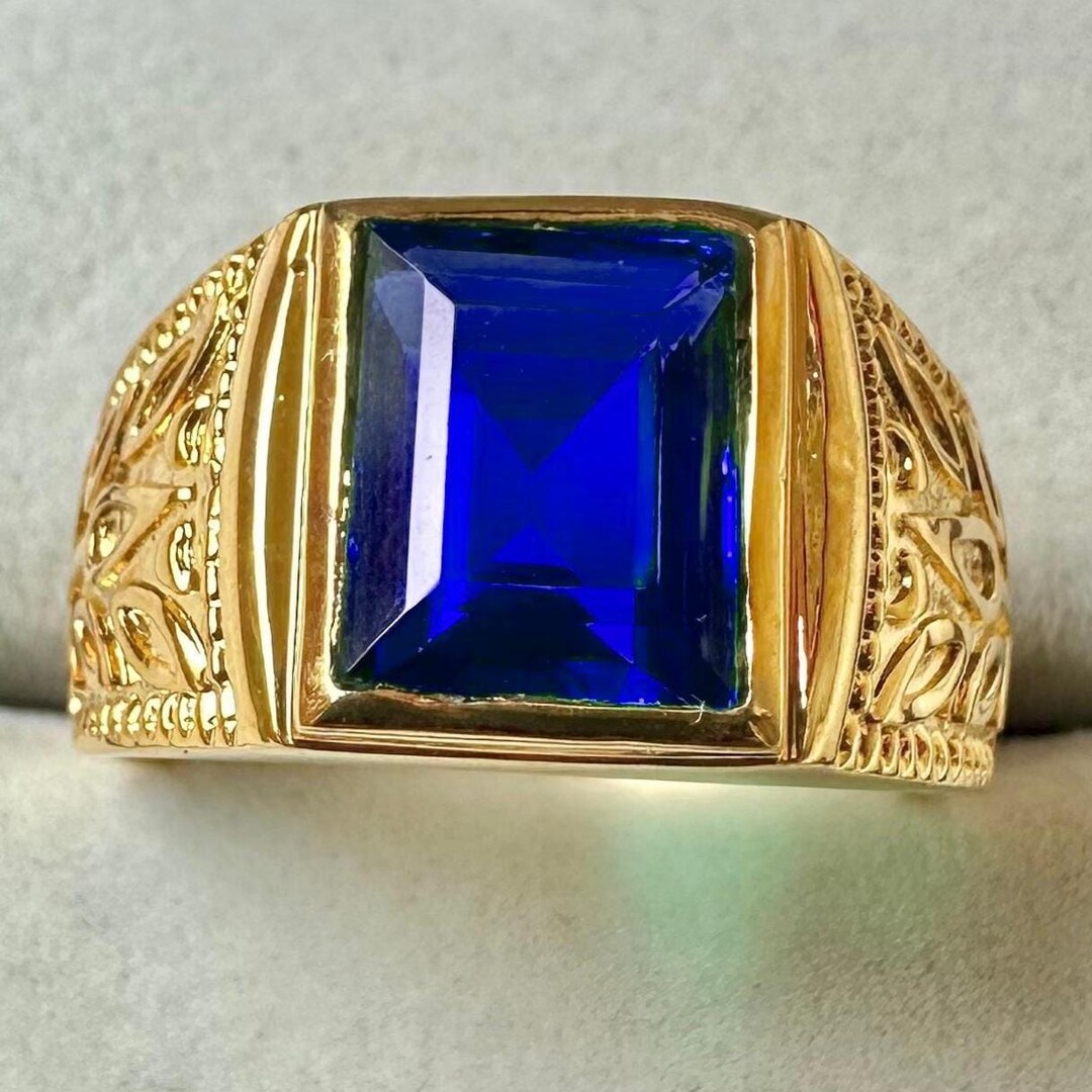 Gold Lab Ring 14K Yellow Gold Lab Sapphire Ring: Art Deco Men's Wedding Band - Etsy