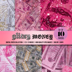 Glitter Money Digital Paper , Glam 100 Bill Pattern, 100 Dollar Background, JPEG