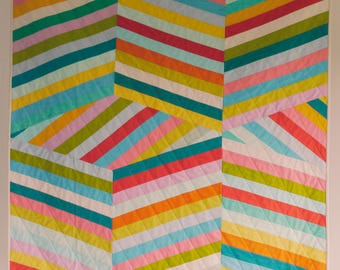 Modern Rainbow Stripe Quilt – Handmade Geometric Throw Blanket – Bright Colorful Patchwork Quilt – Quilted Wall Hanging or Bed Accent
