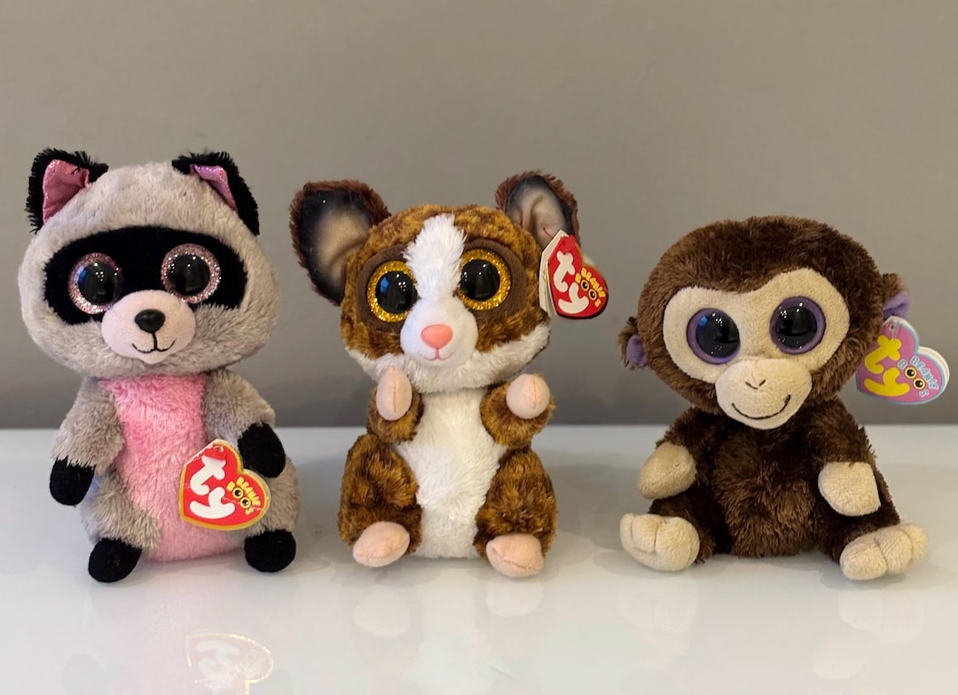 Ty Beanie Boo : COCONUT Monkey * Rare *, ROCCO Raccoon , Binky Bush ...