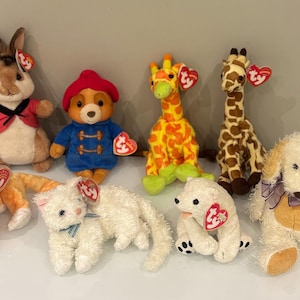 Può includere: Una collezione di peluche, tra cui un coniglio, un orso, una giraffa e un cane. I giocattoli sono di vari colori, come marrone, giallo e bianco, e hanno etichette a forma di cuore. I giocattoli sono su una superficie bianca.