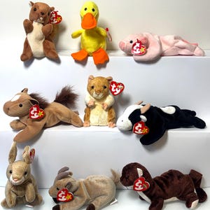 Peut inclure: Collection de peluches d'animaux, dont un écureuil, un canard, un cochon, un cheval, un hamster, une vache, un lapin, une chèvre et un chien. Chaque jouet a une étiquette. Les jouets sont de couleurs variées.