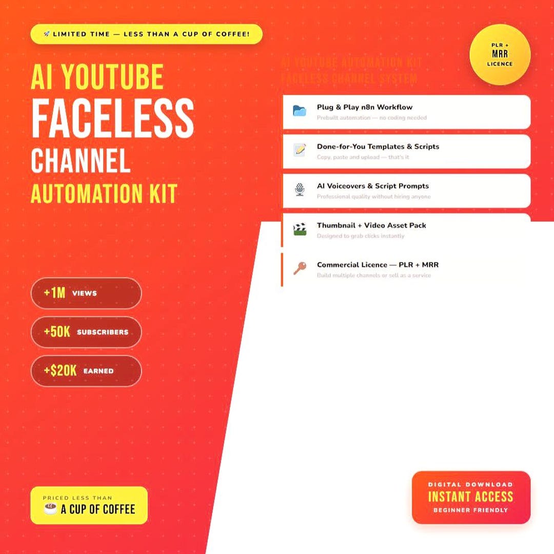 AI Faceless Youtube Channel Automation Kit | N8n Workflow, PLR MRR ...