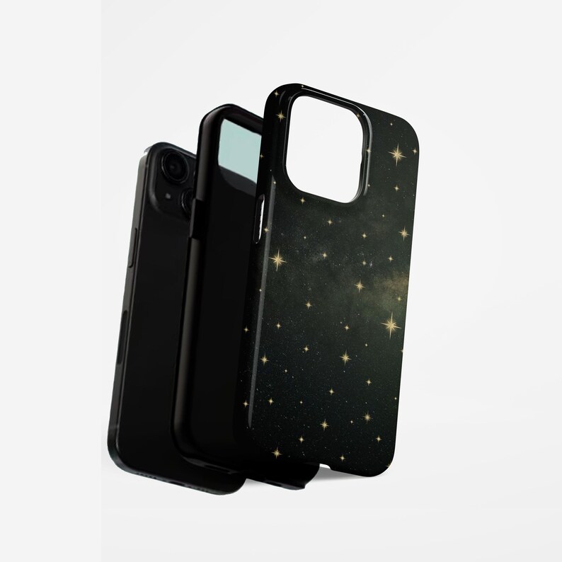May include: Three black phone cases. One case is plain black, while the other two have a dark green and gold starry night design. The cases are designed to protect the phone.