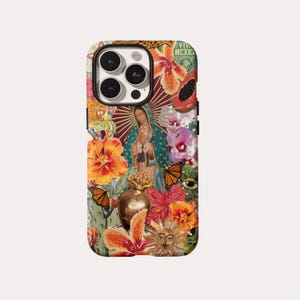 May include: A phone case featuring a collage of vibrant imagery. The design includes a depiction of the Virgin Mary, flowers, butterflies, and a sun face. The case has a black border and a glossy finish.
