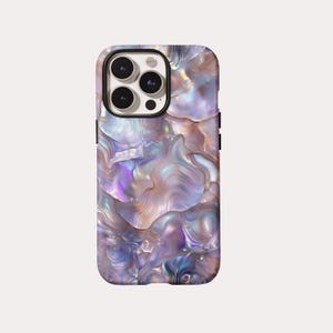 May include: A smartphone case with a pearlescent, swirling design in shades of purple, pink, and blue. The case has a black border around the camera and edges. The overall aesthetic is reminiscent of abalone shell.
