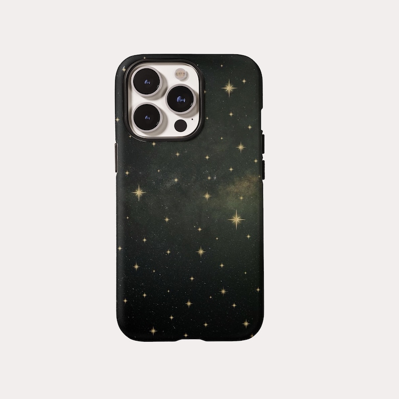 May include: A black phone case with a starry night design. The case features a dark green background with numerous golden stars scattered across the surface. The phone case is designed to fit a smartphone.