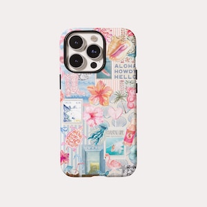 May include: A phone case with a collage design featuring coastal and travel-themed elements. The design includes seashells, flowers, a turtle, a flamingo, and the words "Aloha Howdy Hello" and "Coastal Life". The case has a white and pink border.