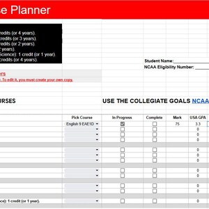 以下が含まれることがあります： 「Core Course Planner」というタイトルのスプレッドシートで、赤いヘッダーが付いています。英語、数学、科学など、大学の出願に必要なコースがリストされています。Collegiate Goalsのロゴが右上隅にあります。学生情報とコースの進捗状況のフィールドがあります。