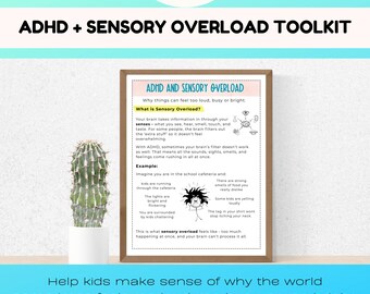 Könnte beinhalten: Ein ADHD- und Sensory Overload Toolkit mit Text zur Erklärung von Sensory Overload. Das Bild enthält ein gerahmtes Dokument mit Text und Illustrationen, einen Kaktus in einem weißen Topf und den Text "Reset Rise Co" oben.