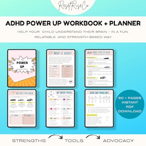 以下が含まれることがあります： ADHDパワーアップワークブック+プランナー。画像には、「My Power Up Workbook + Planner」というテキストが入ったワークブックが表示されています。ワークブックには、ADHD、感覚プロファイル、友情に関するセクションが含まれています。画像には「50+ Pages Instant PDF Download」というテキストも含まれています。