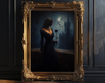 Gothic Vampiress Castle Art Print, Black Rose Painting, Moonlight Poster, Dark Fantasy Victorian Wall Decor