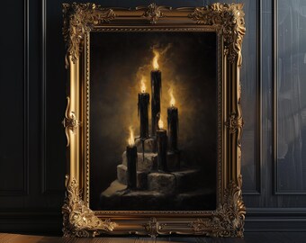 Impresión artística de vela negra, pintura gótica de vela, decoración de pared de fantasía oscura, póster de estética oculta, witchcore, obra de Dark Academia