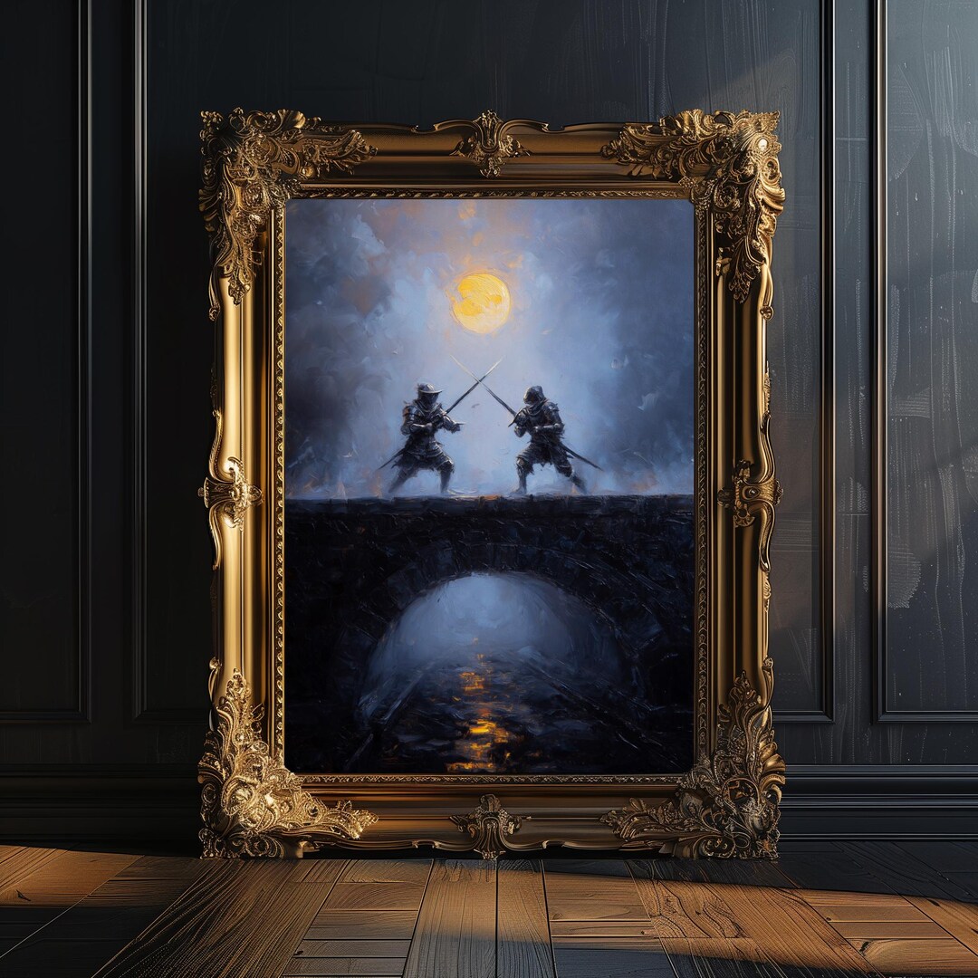 Epic Knight Duel Art Print, Dark Fantasy Battle Painting, Gothic Wall ...