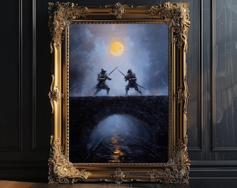 Epic Knight Duel Art Print, Dark Fantasy Battle Painting, Gothic Wall Decor, Medieval Warriors Poster, Moonlit Bridge Artwork